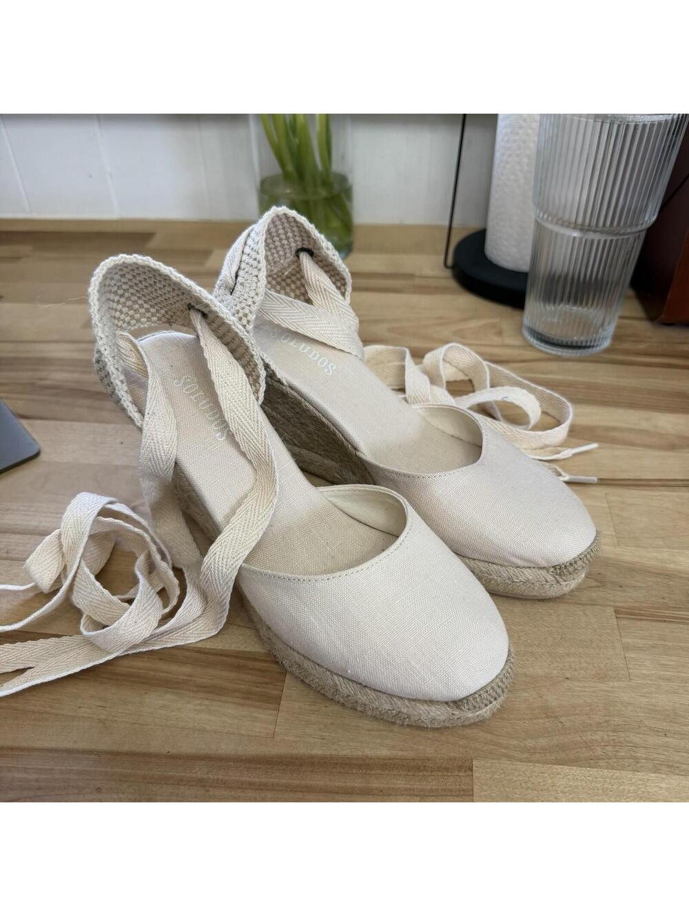 Soludos Mallorca Wedge Espadrilles Lace Up Blush Linen Sz 6 Beach